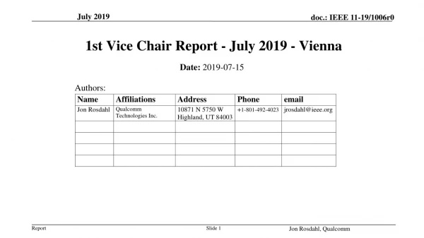 1st Vice Chair Report - July 2019 - Vienna