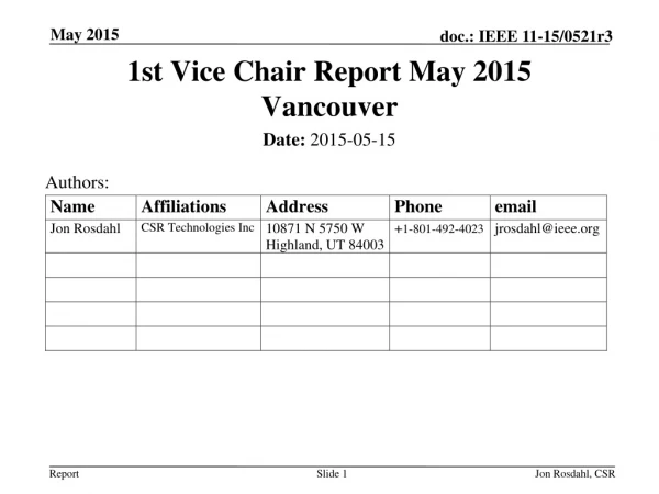 1st Vice Chair Report May 2015 Vancouver