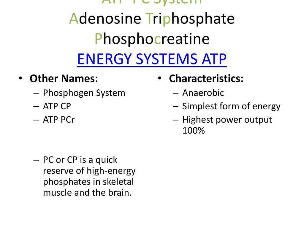 atp pc system a denosine t ri p hosphate p hospho c reatine energy systems atp