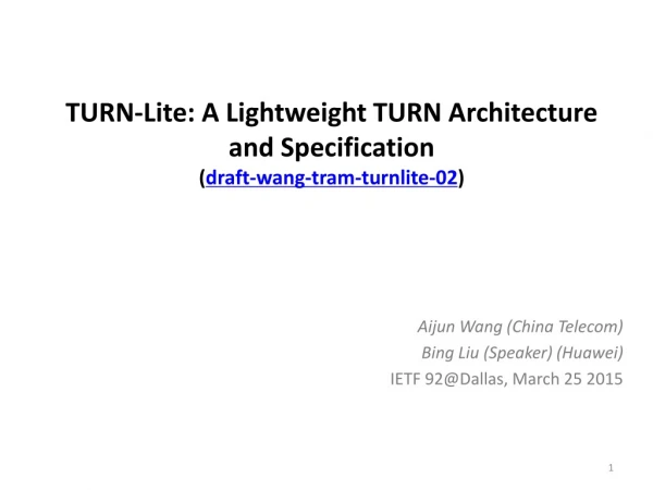 TURN- Lite : A Lightweight TURN Architecture and Specification ( draft-wang-tram-turnlite-02 )