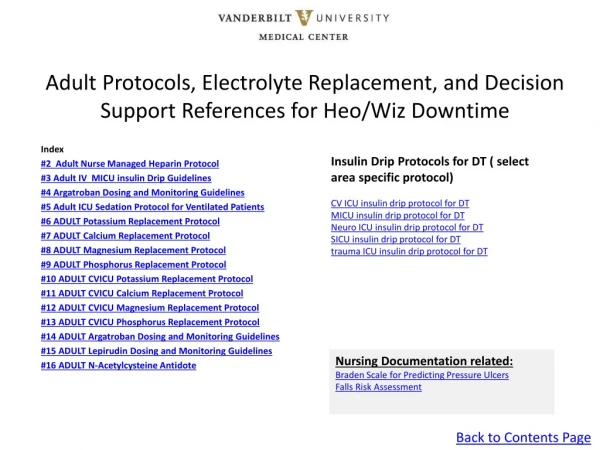 Adult Protocols , Electrolyte Replacement, and Decision Support References for Heo /Wiz Downtime