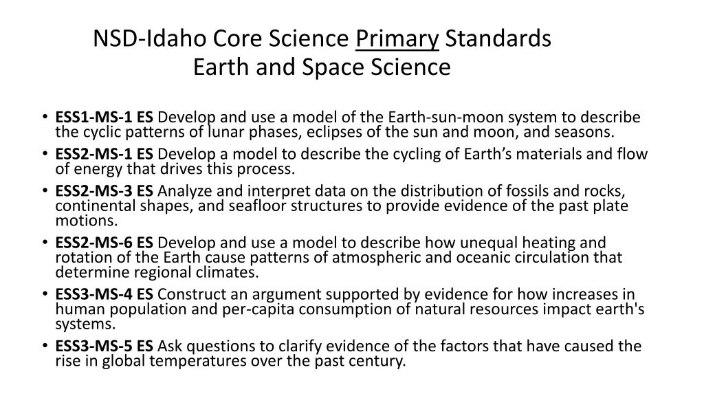 nsd idaho core science primary standards earth and space science
