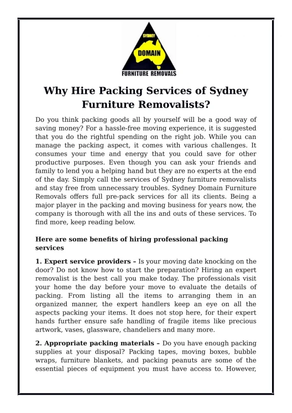 Why Hire Packing Services of Sydney Furniture Removalists?