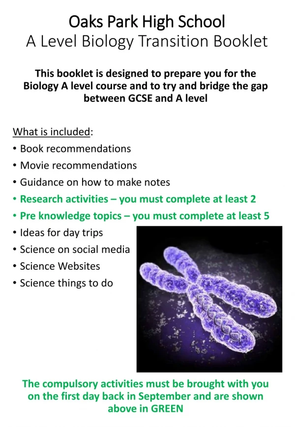 Oaks Park High School A Level Biology Transition Booklet