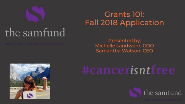 Grants 101: Fall 2018 Application Presented by: Michelle Landwehr, COO Samantha Watson, CEO