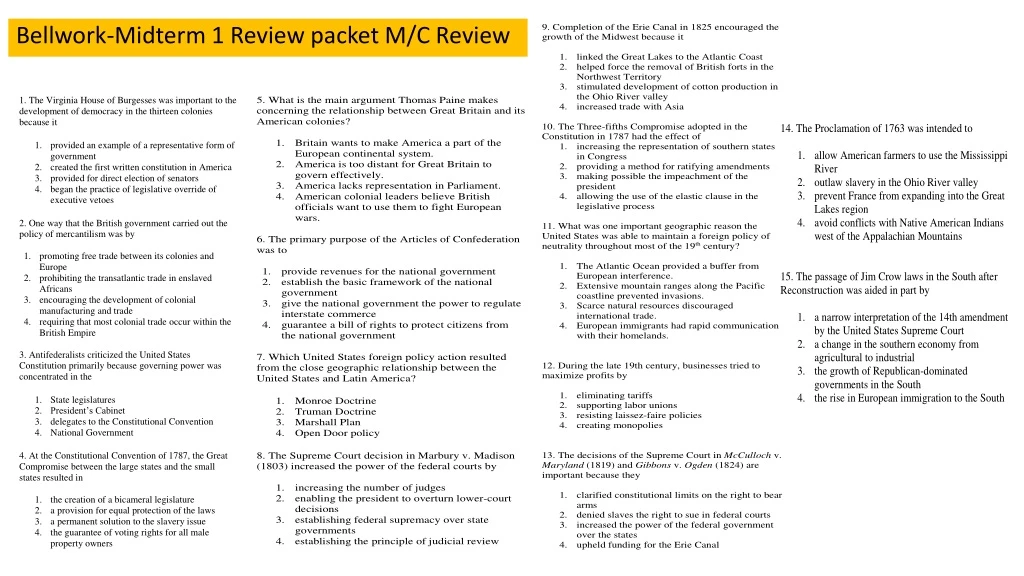 bellwork midterm 1 review packet m c review