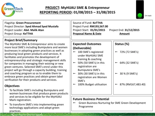 PROJECT : MyHIJAU SME &amp; Entrepreneur REPORTING PERIOD : 01/08/2015 – 31/08/2015