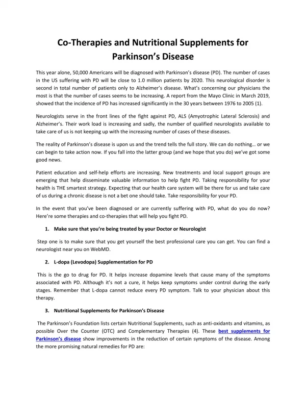 Co-Therapies and Nutritional Supplements for Parkinson’s Disease