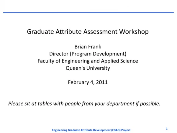 Graduate Attribute Assessment Workshop Brian Frank Director (Program Development)