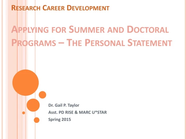 Research Career Development Applying for Summer and Doctoral Programs – The Personal Statement