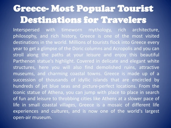 Greece- Most Popular Tourist Destinations For Travelers