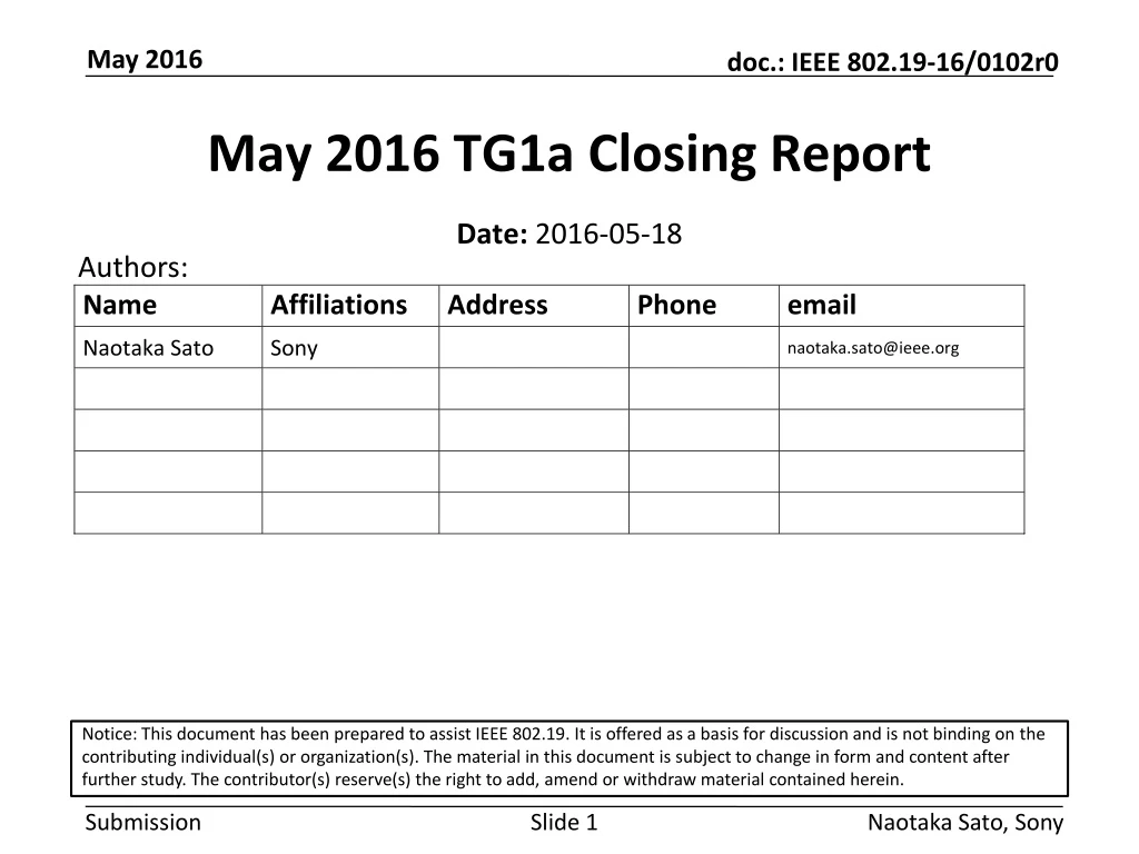 may 2016 tg1a closing report