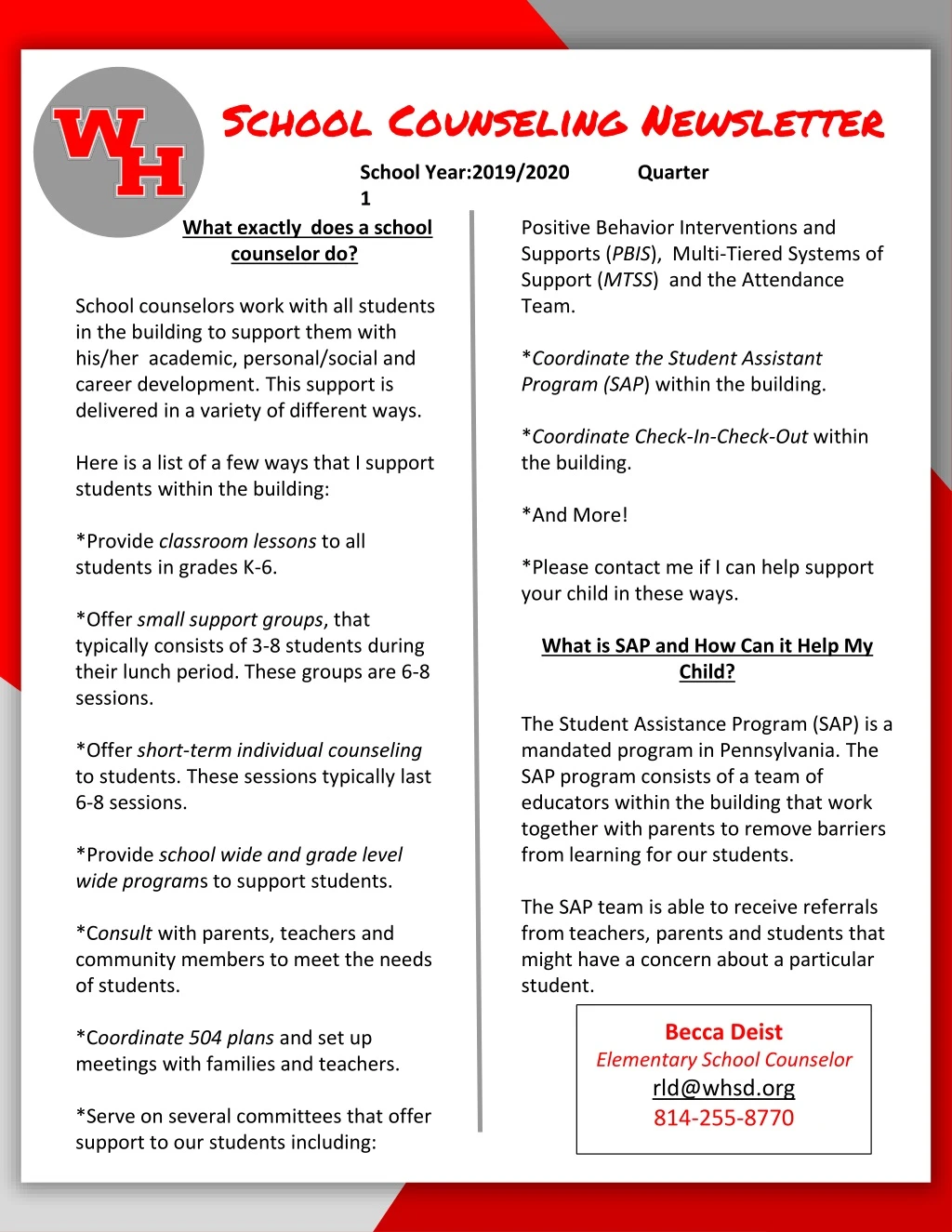 school counseling newsletter