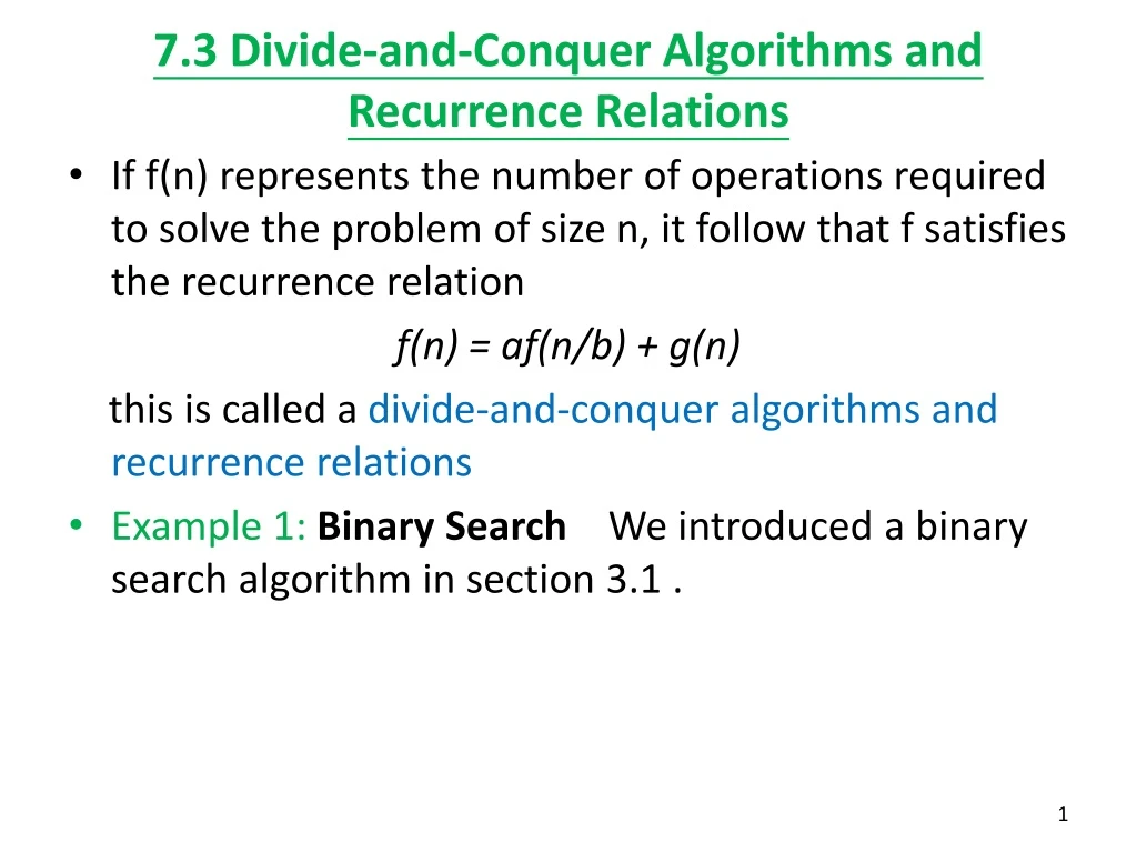 7 3 divide and conquer algorithms and recurrence relations