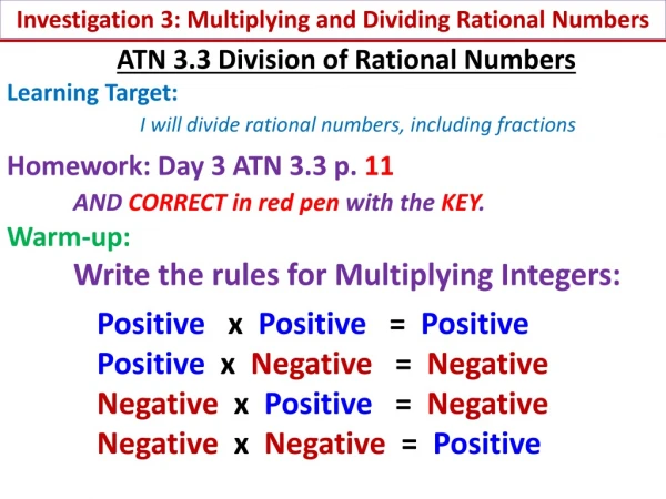 Investigation 3: Multiplying and Dividing Rational Numbers
