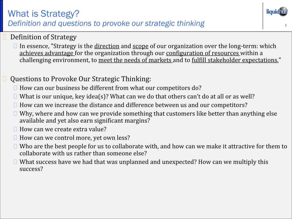 what is strategy definition and questions to provoke our strategic thinking