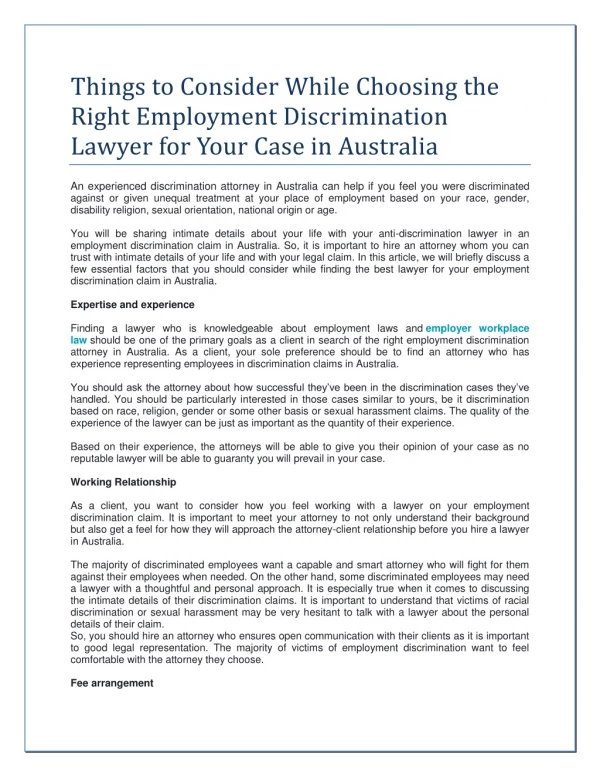 Things to Consider While Choosing the Right Employment Discrimination Lawyer for Your Case in Australia