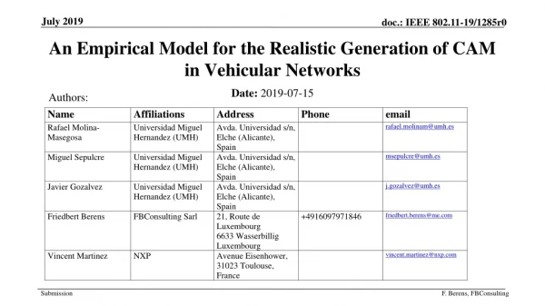 An Empirical Model for the Realistic Generation of CAM in Vehicular Networks