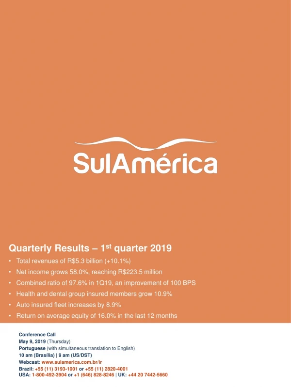 Quarterly Results – 1 st quarter 2019 Total revenues of R$5.3 billion (+10.1%)