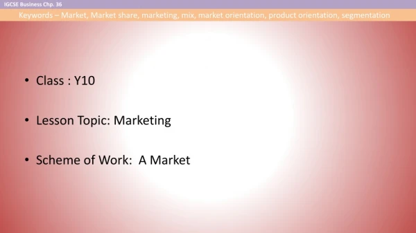 Class : Y10 Lesson Topic: Marketing Scheme of Work: A Market