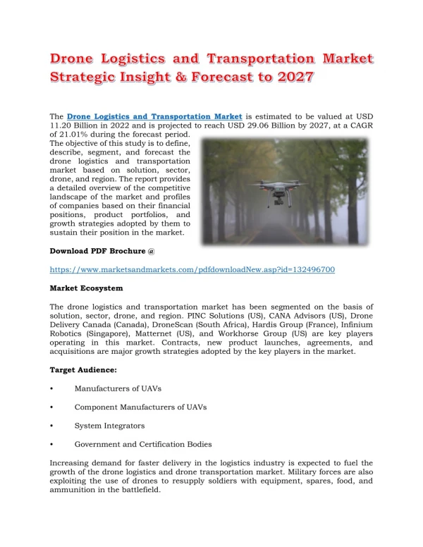 Drone Logistics and Transportation Market Strategic Insight & Forecast to 2027