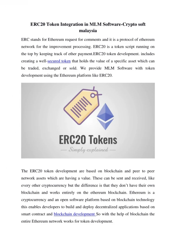 ERC20 Token Integration in MLM Software-crypto soft Malaysia