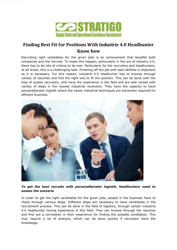 Finding Best Fit for Positions With Industrie 4.0 Headhunter Know how