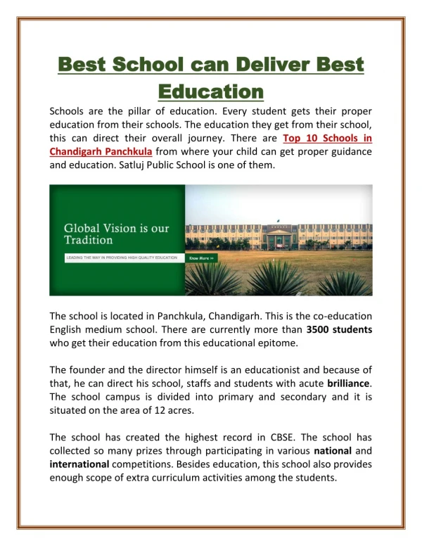 Best 10 schools in Chandigarh and Panchkula