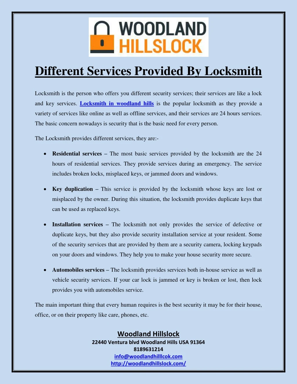 different services provided by locksmith