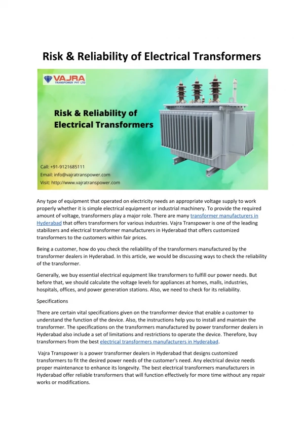 Risk & Reliability of Electrical Transformers