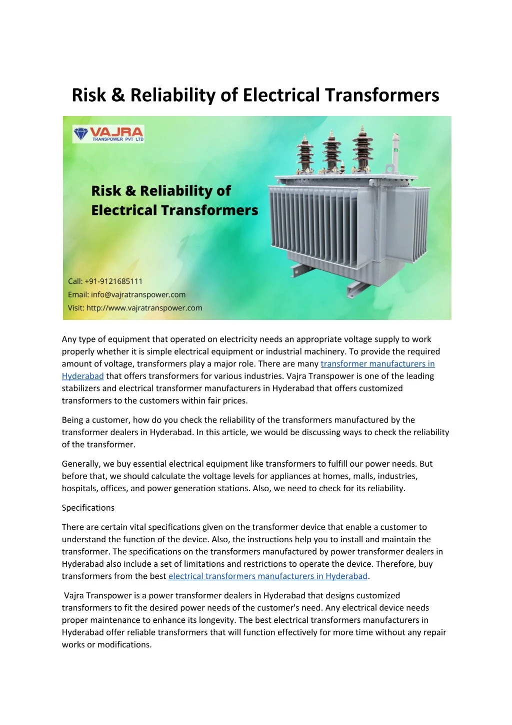 risk reliability of electrical transformers