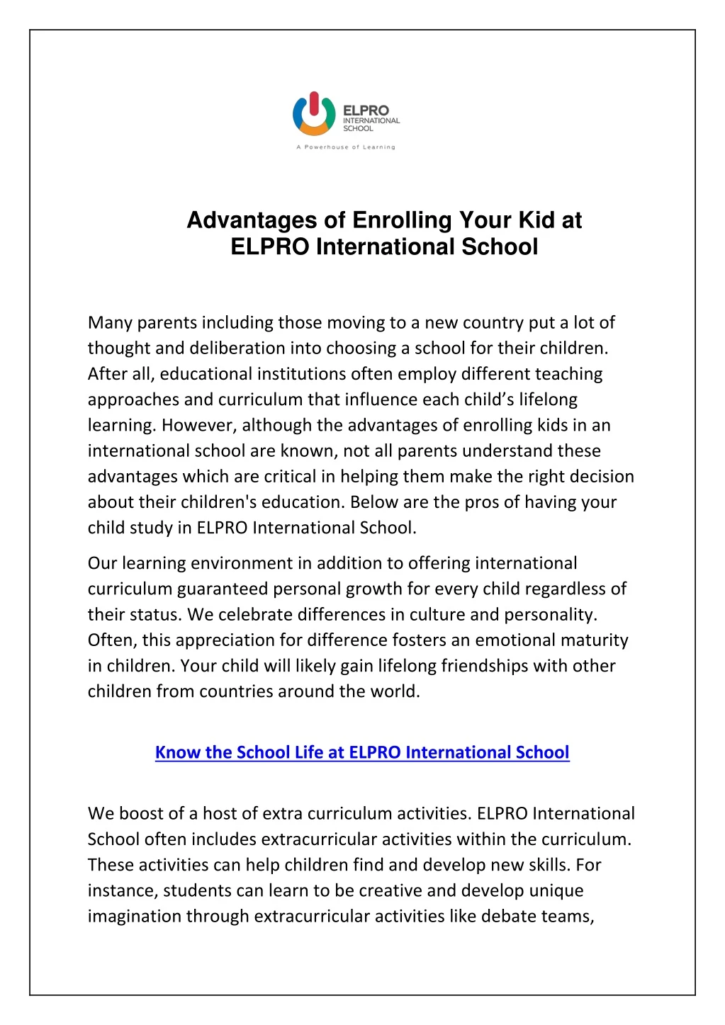 advantages of enrolling your kid at elpro