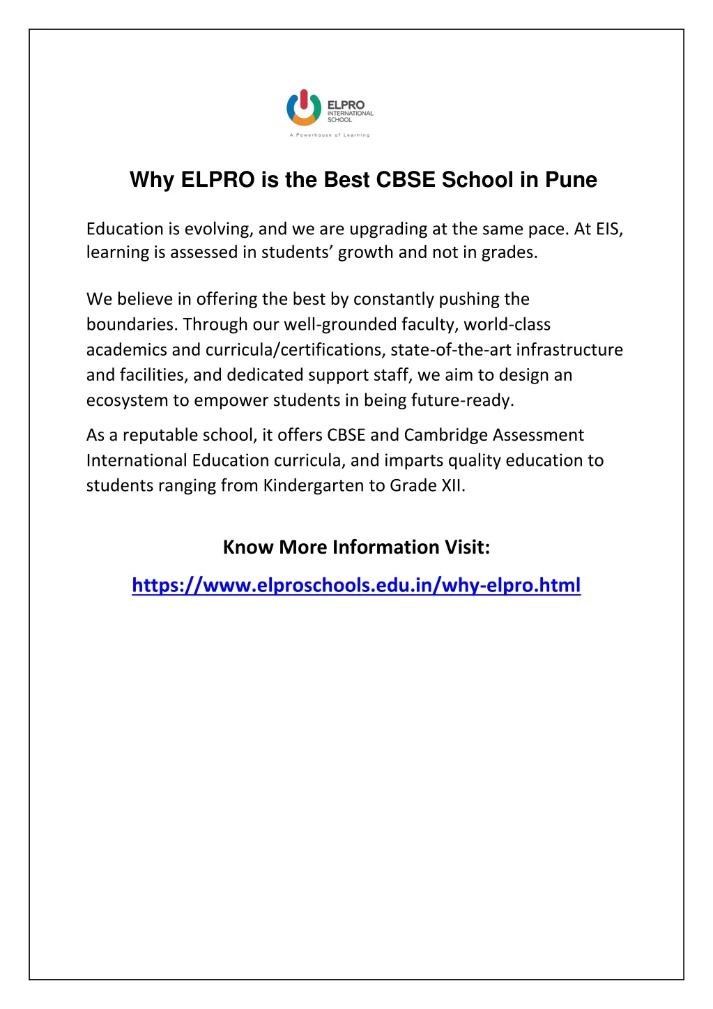 why elpro is the best cbse school in pune