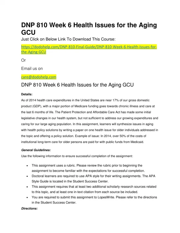 DNP 810 Week 6 Health Issues for the Aging GCU