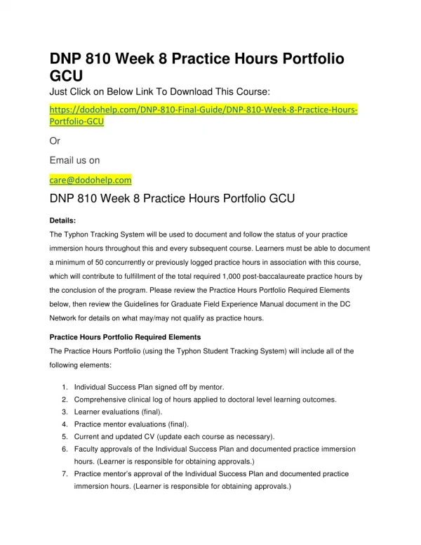 dnp 810 week 8 practice hours portfolio gcu just
