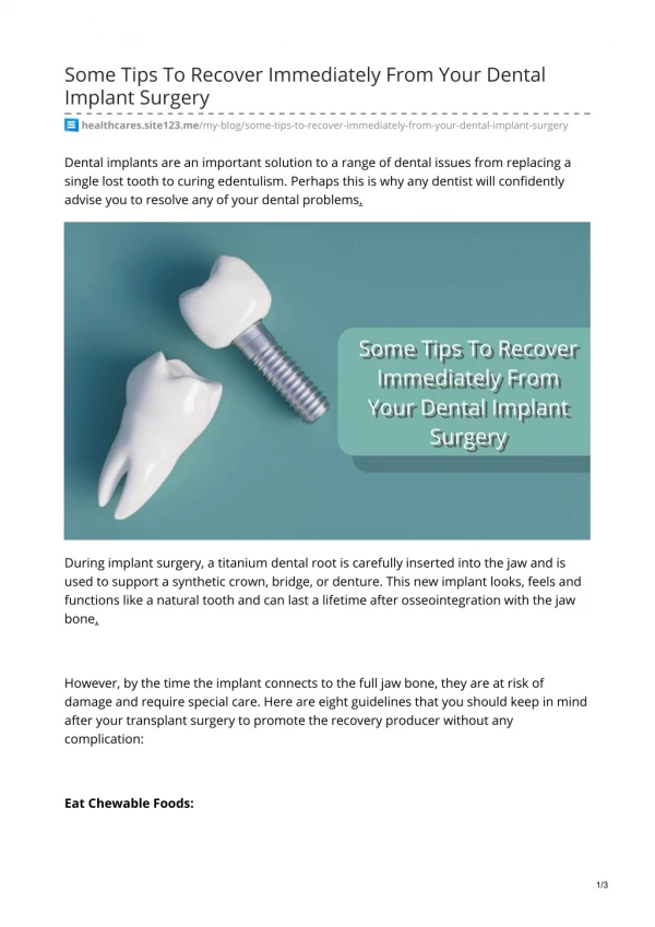 Some Tips To Recover Immediately From Your Dental Implant Surgery