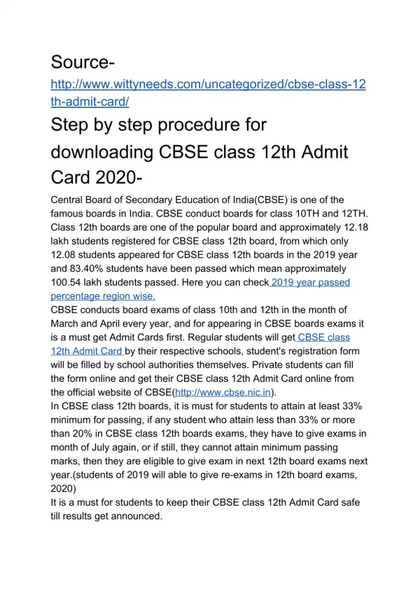 Step by step pocedure for downloading cbse class 12th admit card 2020