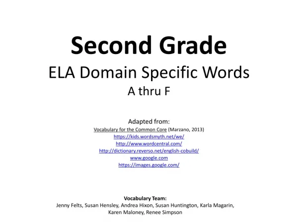 Second Grade ELA Domain Specific Words A thru F