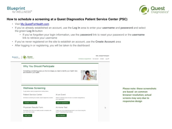 How to schedule a screening at a Quest Diagnostics Patient Service Center (PSC)