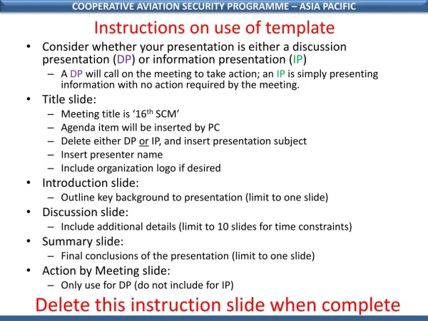 Instructions on use of template