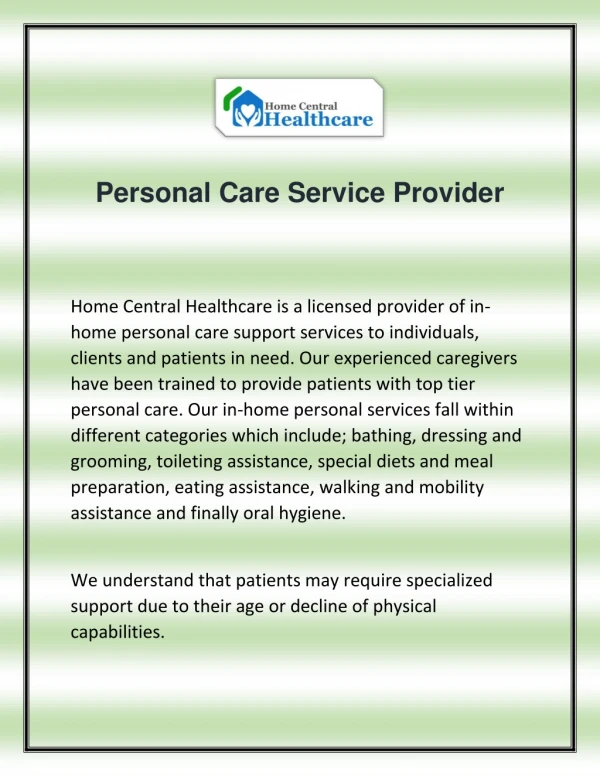 Personal Care Service Provider | Homecentralhealthcare