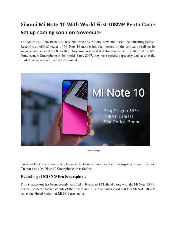 Xiaomi Mi Note 10 With World First 108MP Penta Camera Setup coming soon on November