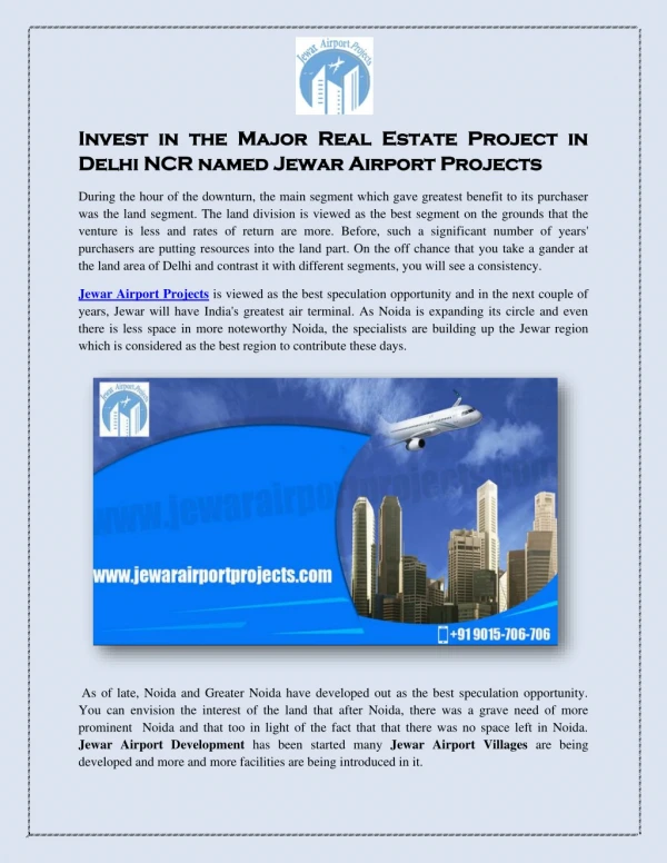 Invest in the Major Real Estate Project in Delhi NCR named Jewar Airport Projects