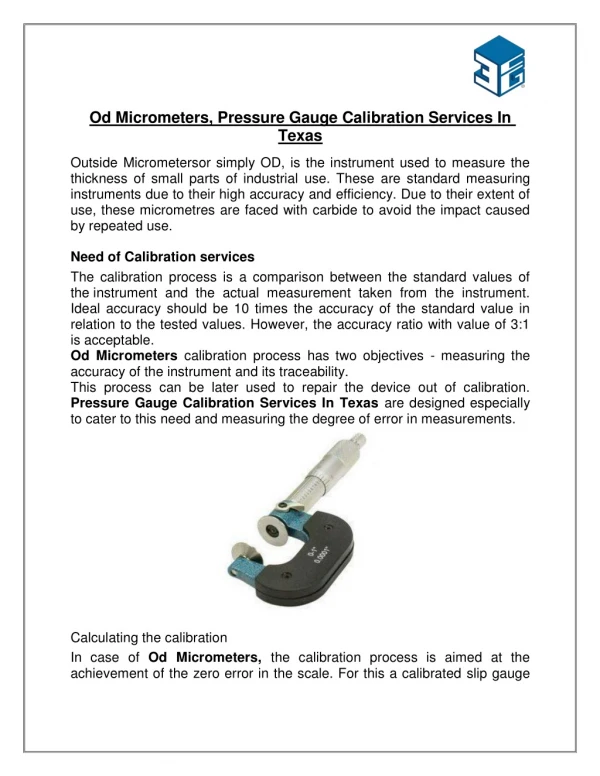 Od Micrometers, Pressure Gauge Calibration Services In Texas