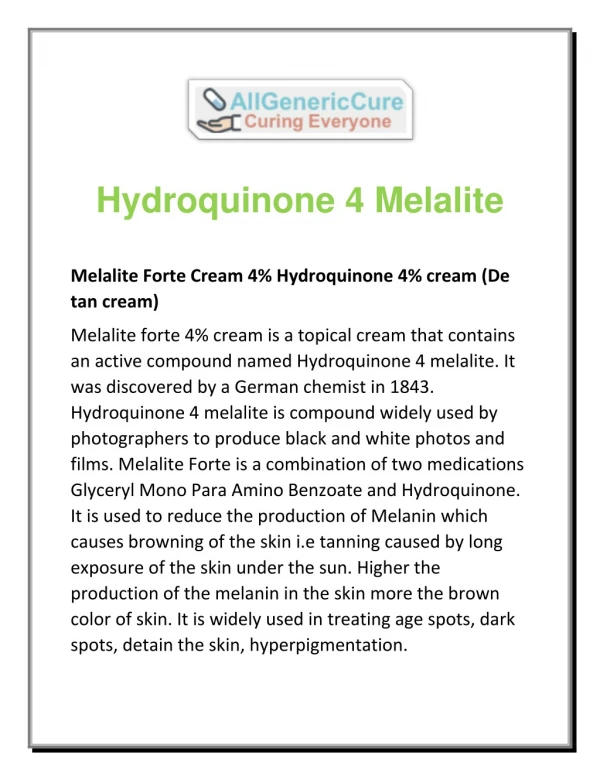 Hydroquinone 4 Melalite | Allgenericcure