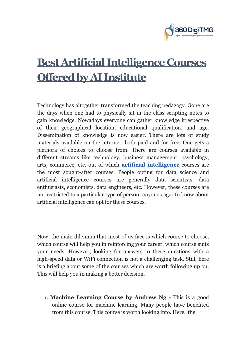 best artificial intelligence courses offered by ai institute
