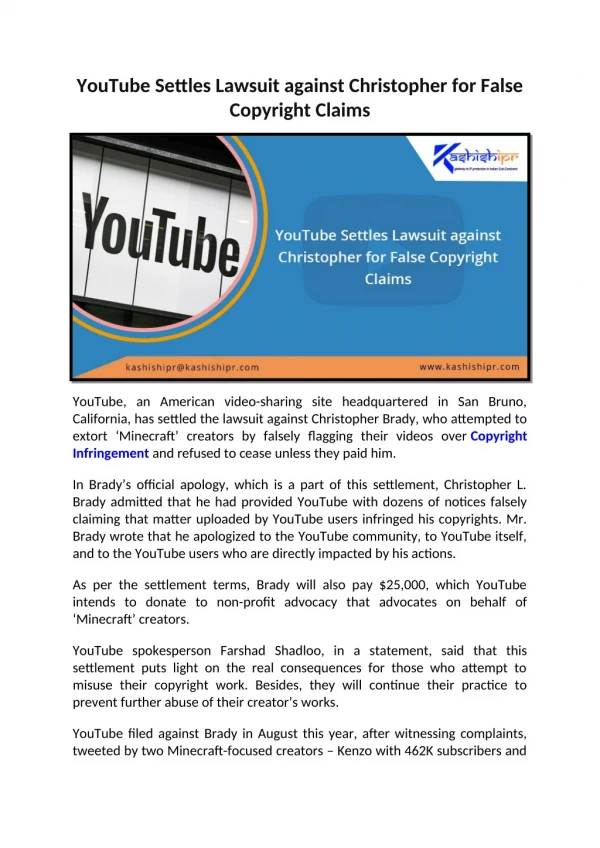 YouTube Settles Lawsuit against Christopher for False Copyright Claims