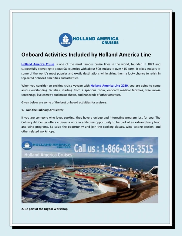 Onboard Activities Included by Holland America Line