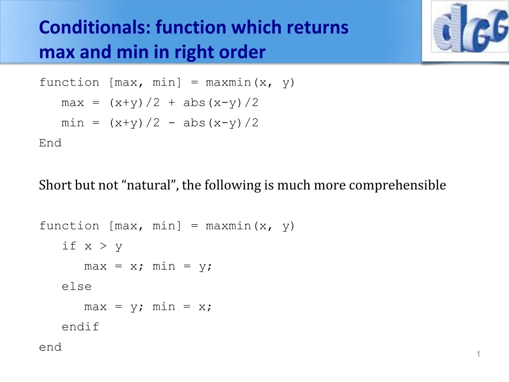 conditionals function which returns max and min in right order