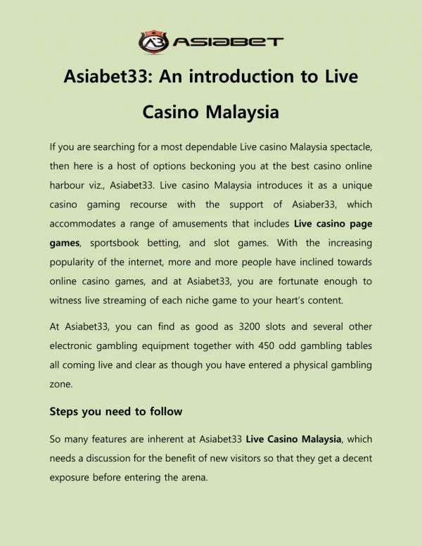 Asiabet33 An introduction to Live Casino Malaysia